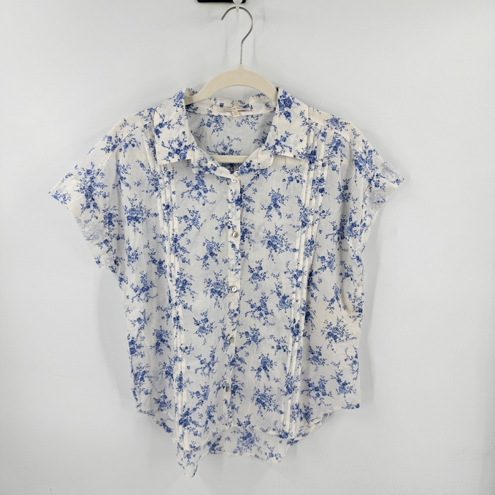 Eden & Olivia 100% Cotton Floral‎ Button Down Top Blue XL Pintuck Coastal Breezy